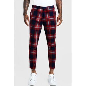 boohooMAN Large Scale Tartan Smart Cropped Pants